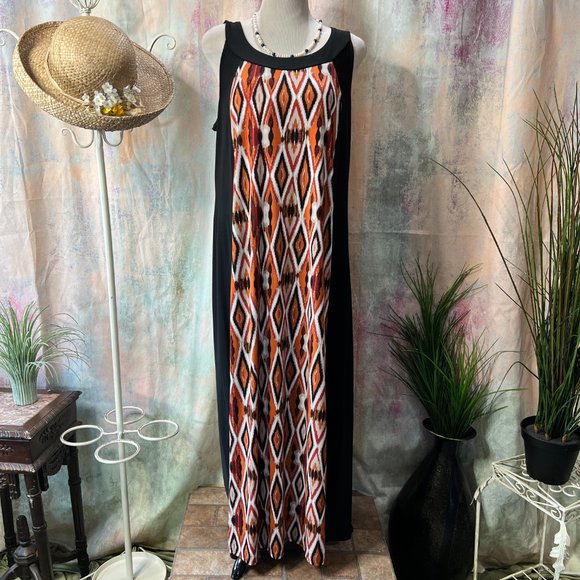 📌Susan Lawrence Maxi Plus Size Slim Looking Silhouette Dress & Geometric Print - Picture 1 of 13
